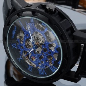 WINNERブルーダイヤルシリーズクリアスケルトンウォッチブラックレザーストラップ高級デザインレザー男性カジュアル腕時計オロロジオウォ