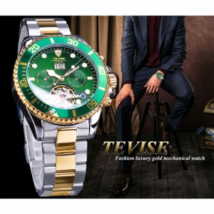 TEVISEグリーンダイヤルゴールデンステンレスメンズビジネススポーツデザイン高級トゥールビヨンメンズオートスポーツ腕時計トップブラン