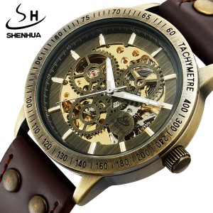 SHENHUA-メンズ防水腕時計ヴィンテージベゼルデザインブロンズダイヤルブラウンメカニカルレザー