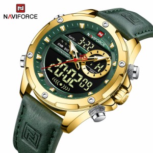Naviforce-男性用デジタルムーブメント付き腕時計 カウントダウンアラーム付き男性用LEDディスプレイ 高級レザーストラップ