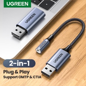 UGREEN-USBオーディオインターフェイス 3.5MMアウターオーディオアダプター サウンドカード ノートブック用 PS4用サウンドカード 2 IN 1