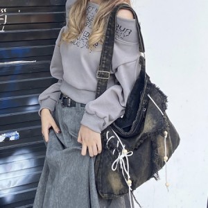 韓国女性ゴシックホボスタイルデニムバッグ ヴィンテージ美的財布 ハンドバッグ ショルダーバッグ