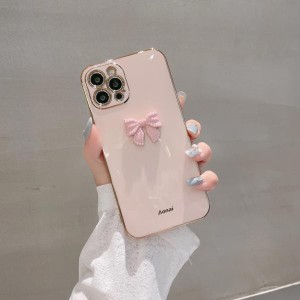 ピンクの電話ケース,3D蝶ネクタイ付き,iPhone 15, 14, 13, 12, 11,pro,max用