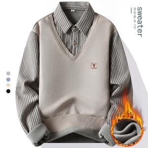 男性フリースポロシャツメンズプルオーバー秋冬 Tシャツ襟セーター防寒ブラウスネイビーブルーカーキ韓国服