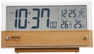 セイコークロック(Seiko Clock) 置き時計 目覚まし時計 電波 デジタル カレンダー 温度湿度表示 シースルー液晶 薄茶木目模様 本体サイズ