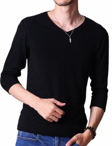 フテラ メンズ シャツ カットソー Tシャツ ロンＴクルーネック 丸首 Vネック 長袖 7分袖 半袖 無地 シンプル スリム ブラック(7分袖/Vネ