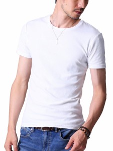 フテラ メンズ シャツ カットソー Tシャツ ロンＴクルーネック 丸首 Vネック 長袖 7分袖 半袖 無地 シンプル スリム ホワイト(半袖/丸首)