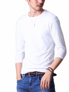 フテラ メンズ シャツ カットソー Tシャツ ロンＴクルーネック 丸首 Vネック 長袖 7分袖 半袖 無地 シンプル スリム ホワイト(7分袖/丸首