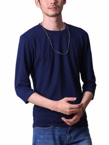 フテラ メンズ シャツ カットソー Tシャツ ロンＴクルーネック 丸首 Vネック 長袖 7分袖 半袖 無地 シンプル スリム ネイビー(7分袖/丸首