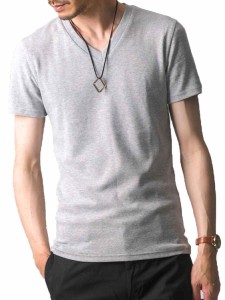 フテラ メンズ シャツ カットソー Tシャツ ロンＴクルーネック 丸首 Vネック 長袖 7分袖 半袖 無地 シンプル スリム ライトグレー(半袖/V