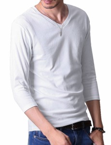 フテラ メンズ シャツ カットソー Tシャツ ロンＴクルーネック 丸首 Vネック 長袖 7分袖 半袖 無地 シンプル スリム ホワイト(7分袖/Vネ