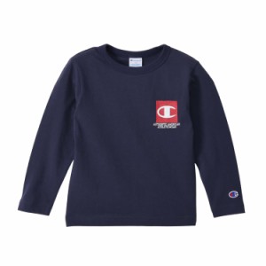 チャンピオン Tシャツ キッズ 長袖 丸首 綿100% Relax Fit グラフィックロゴプリント ロングスリーブポケットTシャツ CKSX407Z ネイビー