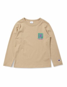 チャンピオン Tシャツ キッズ 長袖 丸首 綿100% Relax Fit グラフィックロゴプリント ロングスリーブポケットTシャツ CKSX407Z ベージュ