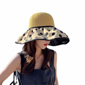 Lhyxuuk 帽子 レディース ハット日焼け防止 UVカット可愛ドット柄 つば広 遮熱コーティング加工 あご紐付き 麦わら帽子 折りたたみ 携帯