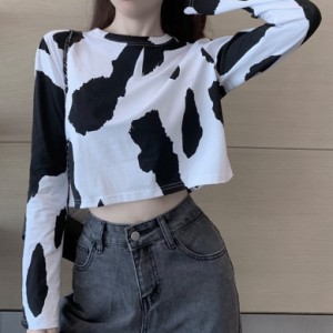 カウ柄クロップド長袖Tシャツ トップス レディース Tシャツ 牛柄 シャツ Cow 長袖Tシャツ クロップドTシャツ ラウンドネック 長袖 ショー