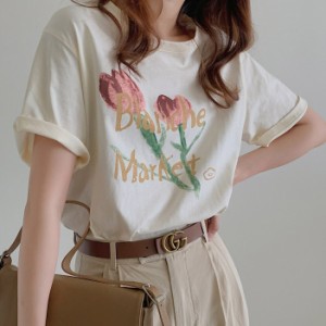 トップス Tシャツ チューリップ シャツ カットソー ロゴ プリント 半袖 レディース シンプル カジュアル ラフ ベージュ ピンク ゆる リラ