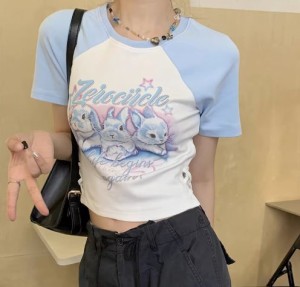 トップス レディース Ｔシャツ ラグラン袖 バイカラー クルーネック ラウンドネック 襟なし 半袖 ウサギイラスト うさぎ ラビット 英字ロ