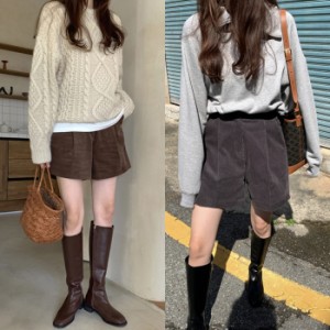 ショートパンツ レディース ボトムス パンツ M L ブラウン 茶色 ブラック 黒 大人カラー 秋カラー コーデュロイ 無地 タック ワイドシル