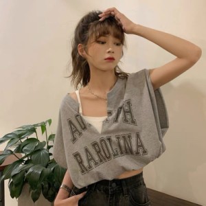 トップス レディース Tシャツ カットソー レイヤード風 ショート丈 ノースリーブ 袖なし Vネック キャミソール ドッキング プルオーバー 