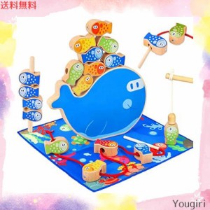 CORPER TOYS 木製おもちゃ 4in1 パズル 魚釣りおもちゃ ひもとおし 紐通しおもちゃ バランスゲーム 棒通し遊び かわいい 木製パズル クリ