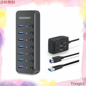 ROSONWAY USBハブ 3.0 電源付き 7ポート USB Hub アルミ製 5Gbps高速転送 セルフパワーとバスパワー両用 5V 電源 独立スイッチ付き