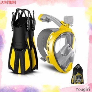 シュノーケルセット フルフェイス型ダイビングマスク、調整可能フィン 180度超広角 GoPro取付可能 (イエロー,M：マスク＜12cm,足27-31)折