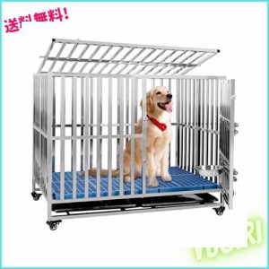 Xverycan 犬 ケージ 犬用ケージ ステンレス鋼製 キャスター付き 耐荷重250KG 折り畳み式 ダブルドア/トレー/マット/給餌器付き 脱走防止 