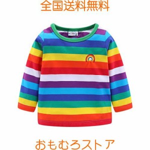 LittleSpring 春 秋 キッズ 男の子 長袖 Ｔシャツ ボーダー カラフル 虹 刺繍 子供服 ジュニア ボーイズ 140