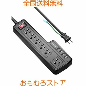 Micshion USB電源タップ コンセント 個別スイッチ 6AC充電口（110-240V）＋4USBポート（3.4A/5V）壁取付用固定フック 急速充電可能 雷ガ