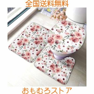 バスマット トイレマット 3点 セット タンクカバー 薔薇 花 赤い 花柄 お風呂マット 足ふきマット トイレカバー トイレセット マイクロフ