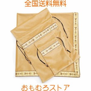 Kuai タロットクロス パステルカラー 68×68cm 3点セット ベルベット ポーチ付 タロット カード 占い 鑑定 厚手 (ベージュ+ゴールドリボ