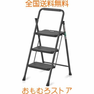 RIKADE 脚立 はしご 鉄素材 持ち運び便利 持ち手付き 軽量 折りたたみ脚立 踏み台 滑り止め付き ステップ台(ブラック, 三段)