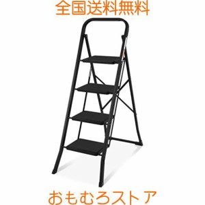 SPIEEK 脚立 鉄素材 持ち運び便利 持ち手付き 軽量 折りたたみ脚立 踏み台 滑り止め付き ステップ台 (ブラック, 四段)