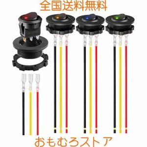 MKBKLLJY 4個 ラウンド ロッカー スイッチ シェル DC 12V 20A、24V 10A、SPST 3ピン オン オフ 赤/青/緑/黄色 LED ライト付きスイッチ 自