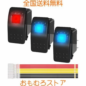 MKBKLLJY 3個 マリンロッカースイッチ 12V 24V ライト付きロッカースイッチ 12ボルト 20A ブルー/レッド LED 3ピン SPST オン/オフ 防水 