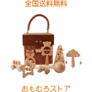 Wooden Teether ガラガラ ラトル 出産祝い おもちゃ 木製 ひも通しおもちゃ 手押し車 ベビーおもちゃセット 木のおもちゃ 無塗装 8個セッ