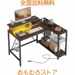 Bestier パソコンデスク L字型 幅107cm pcデスク コンセント付き ゲーミングデスク LEDライト付き コーナーデスク 棚板高さ調節可能 モニ