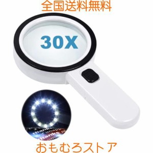 拡大鏡 手持ちルーペ 12個LED 30X 拡大鏡 ライト付き 虫眼鏡 拡大鏡 ダブルガラスレンズ 携帯便利 読書 新聞 鑑定用 照明用 子ども、高齢