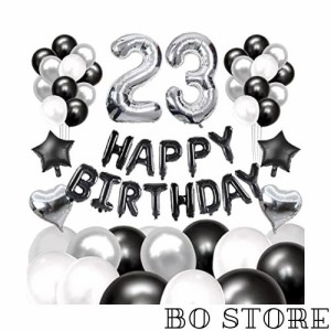 60枚 23歳 誕生日 飾り付け セット 数字バルーン 組み合わせ 「HAPPY BIRTHDAY」バナー ブラック シルバー 風船 誕生日 デコレーション 