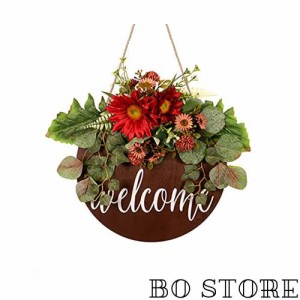 HooAMI リース 30cm 玄関リース Welcome ドアチャーム 木製 花輪 秋 ひまわり 造花 結婚式 ドアチャーム 店舗 玄関 壁掛け 庭園 飾り フ