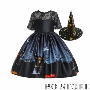 [COSSA] ハロウィン 仮装 魔女仮装 ハロウィン コスチューム 2点セット ドレス+帽子 魔女 悪魔 ウィッチ 可愛い ワンピース 子供ドレス 