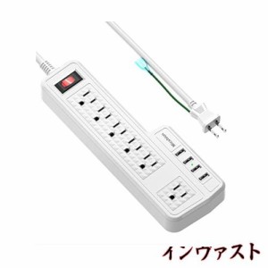 Micshion USB電源タップ コンセント 個別スイッチ 6AC充電口（110-240V）＋4USBポート（3.4A/5V）壁取付用固定フック 急速充電可能 雷ガ