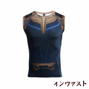 スーパーヒーロー 3D スリムフィット 速乾性 ストレッチ スポーツ コスプレ Tシャツ (L, Thanos ノースリーブ)