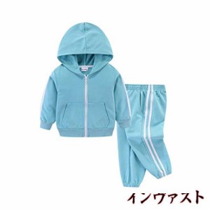 [LittleSpring] キッズ セットアップ ライン入り パーカー スウェット ロングパンツ 長袖 ジャージ セット ブルー 120