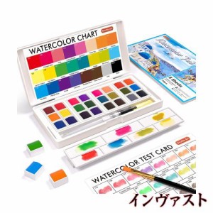 Shuttle Art 固形水彩 24色セット 固体水彩絵の具 ハーフパン 水筆ペン 水彩紙 パレット付き 透明 溶けやすい 速乾 水彩画 大人の塗り絵 