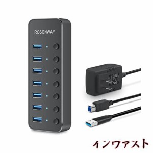 ROSONWAY USBハブ 3.0 電源付き 7ポート USB Hub アルミ製 5Gbps高速転送 セルフパワーとバスパワー両用 5V 電源 独立スイッチ付き