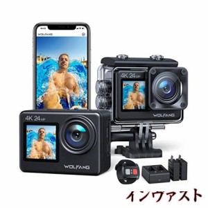 WOLFANG GA200 アクションカメラ 4K 24MP 防水40M デュアルスクリーンカメラ EIS手振れ補正 WiFi調整可能な広角 Vlogカメラ (充電器、2つ