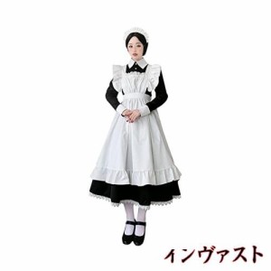 [Sharphon] 長袖 メイド服 コスプレ ロリータ メイド 可愛い 衣装 フリル ウェイトレス ワンピース カチューシャ セット