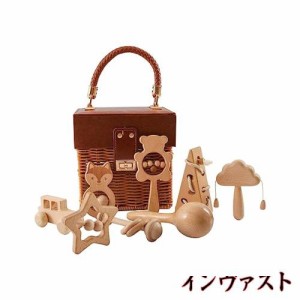 Wooden Teether ガラガラ ラトル 出産祝い おもちゃ 木製 ひも通しおもちゃ 手押し車 ベビーおもちゃセット 木のおもちゃ 無塗装 8個セッ