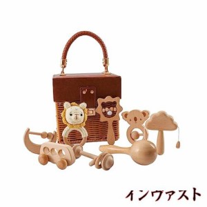 Wooden Teether ガラガラ ラトル 出産祝い おもちゃ 木製 ひも通しおもちゃ 手押し車 ベビーおもちゃセット 木のおもちゃ 無塗装 8個セッ